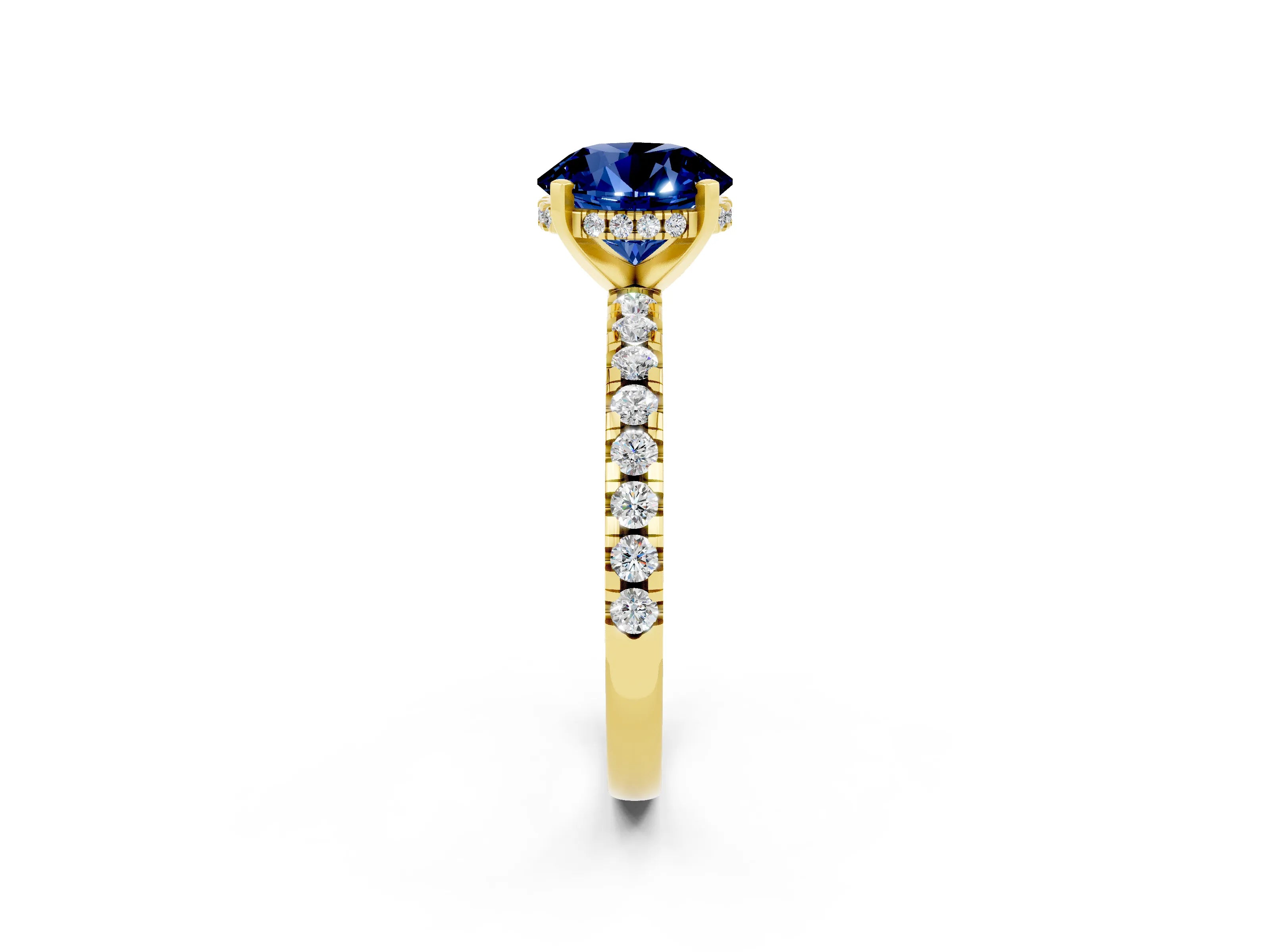 Yellow gold Round Cut Blue Sapphire Solitaire Ring with Pavé Band and Four-Prong Setting_26