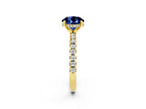 Yellow gold Round Cut Blue Sapphire Solitaire Ring with Pavé Band and Four-Prong Setting_26