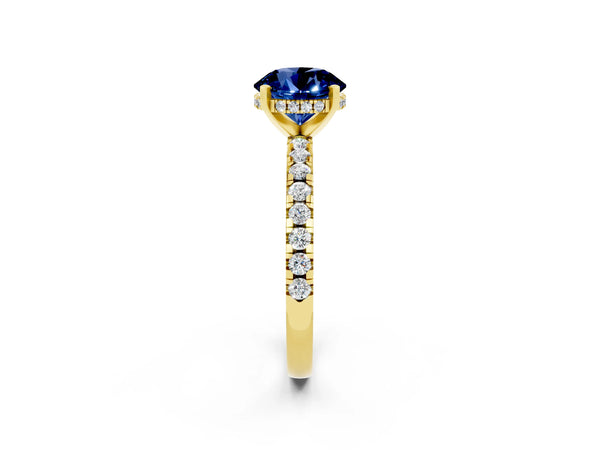 Yellow gold Round Cut Blue Sapphire Solitaire Ring with Round  Pavé Band and Four-Prong Setting