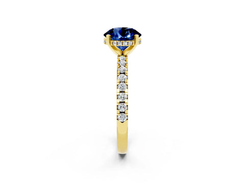 Yellow gold Round Cut Blue Sapphire Solitaire Ring with Pavé Band and Four-Prong Setting_26
