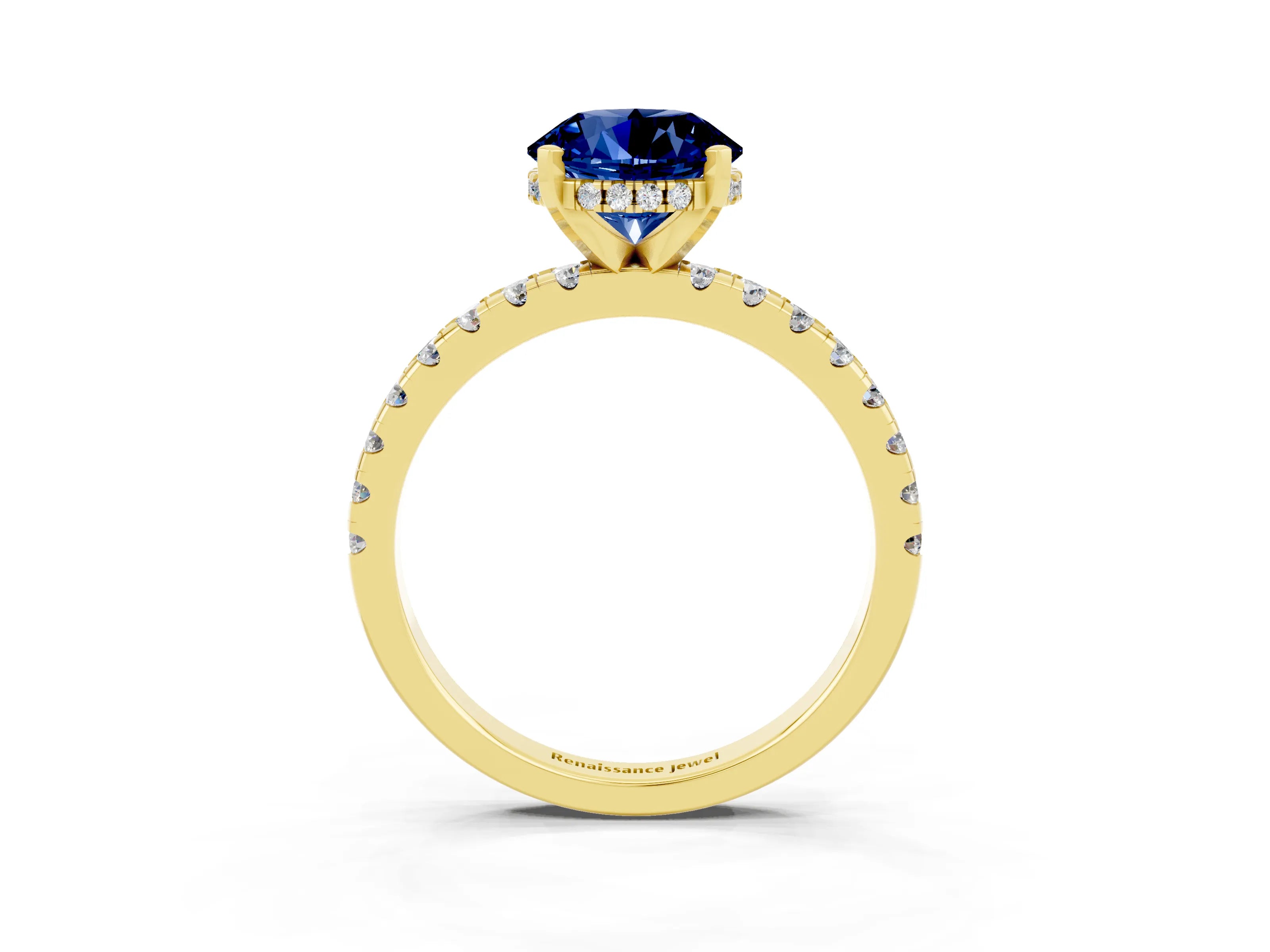 Yellow gold Round Cut Blue Sapphire Solitaire Ring with Pavé Band and Four-Prong Setting_27