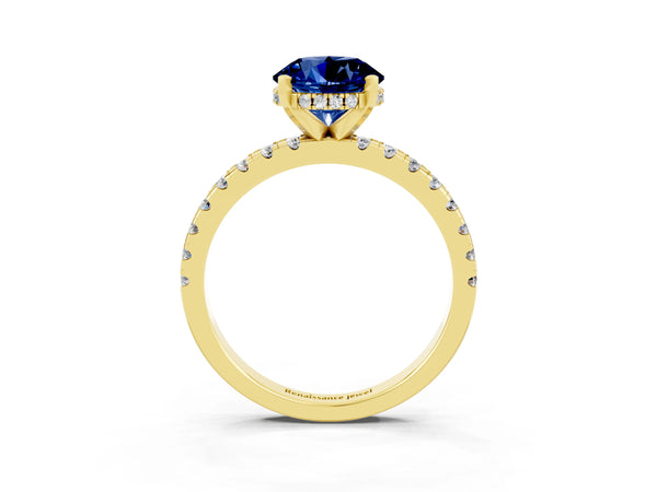 Yellow gold Round Cut Blue Sapphire Solitaire Ring with Round  Pavé Band and Four-Prong Setting
