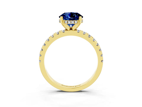 Yellow gold Round Cut Blue Sapphire Solitaire Ring with Pavé Band and Four-Prong Setting_27