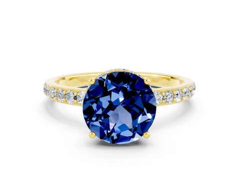 Yellow gold Round Cut Blue Sapphire Solitaire Ring with Pavé Band and Hidden Halo_12