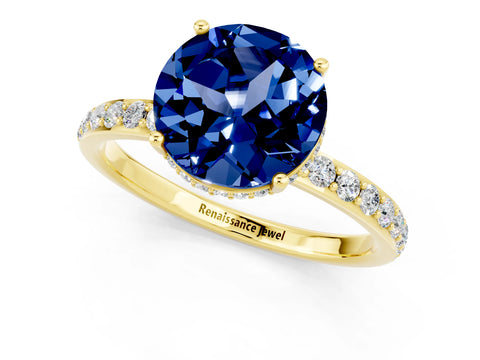 Yellow gold Round Cut Blue Sapphire Solitaire Ring with Pavé Band and Hidden Halo_13