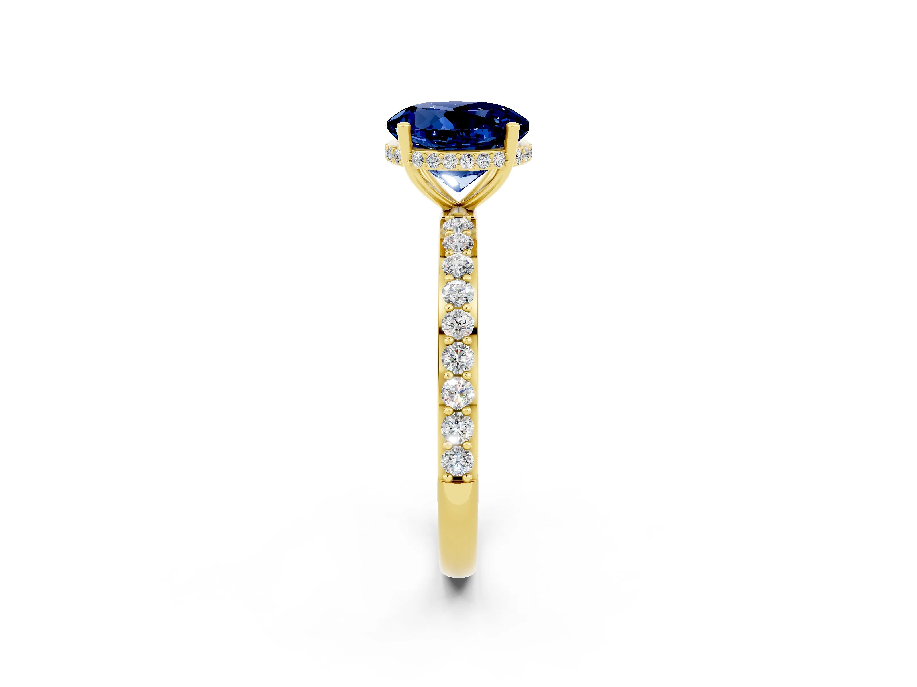 Yellow gold Round Cut Blue Sapphire Solitaire Ring with Pavé Band and Hidden Halo_14
