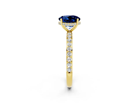 Yellow gold Round Cut Blue Sapphire Solitaire Ring with Pavé Band and Hidden Halo_14