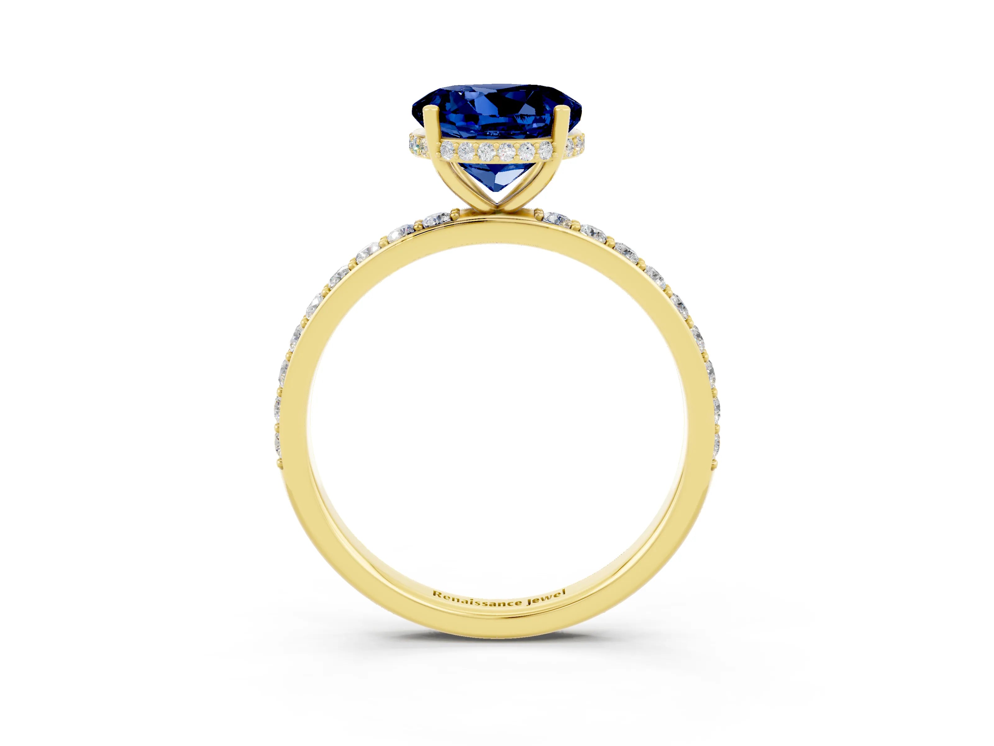 Yellow gold Round Cut Blue Sapphire Solitaire Ring with Pavé Band and Hidden Halo_15