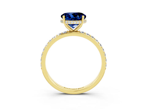 Yellow gold Round Cut Blue Sapphire Solitaire Ring with Pavé Band and Hidden Halo_15