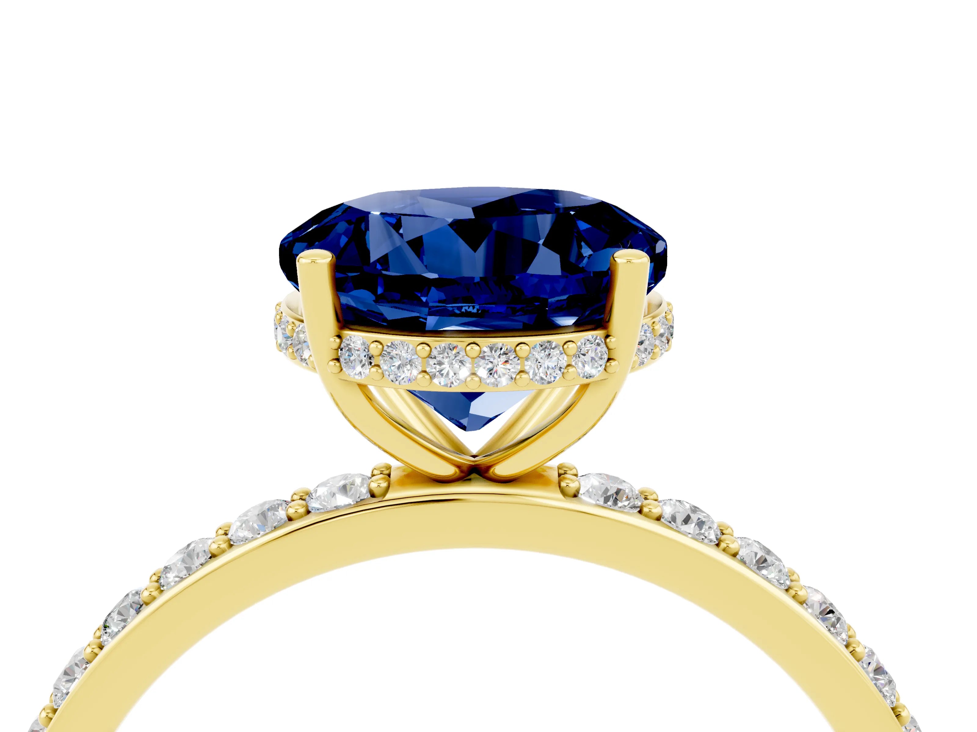 Yellow gold Round Cut Blue Sapphire Solitaire Ring with Pavé Band and Hidden Halo_16