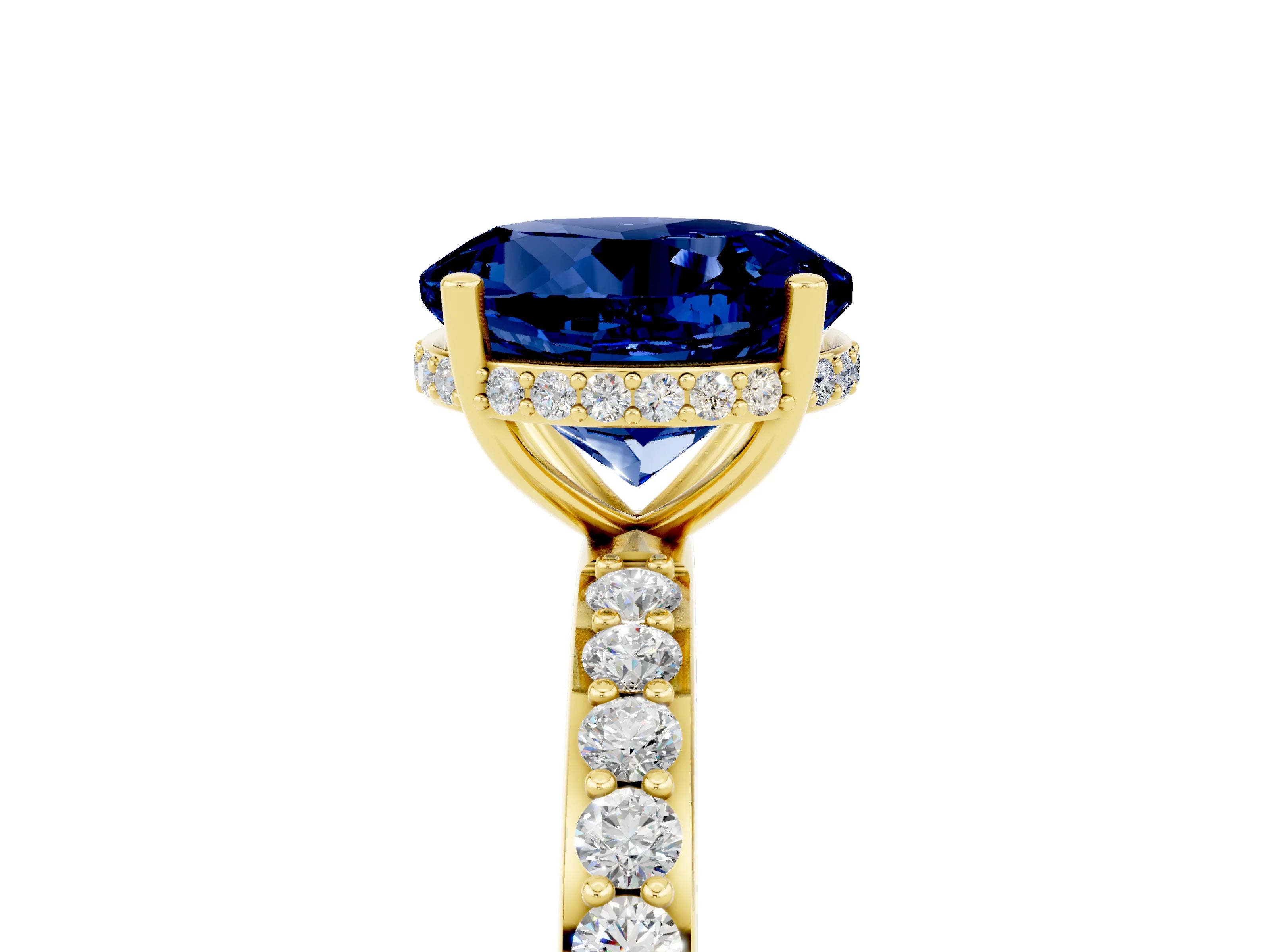 Yellow gold Round Cut Blue Sapphire Solitaire Ring with Pavé Band and Hidden Halo_17