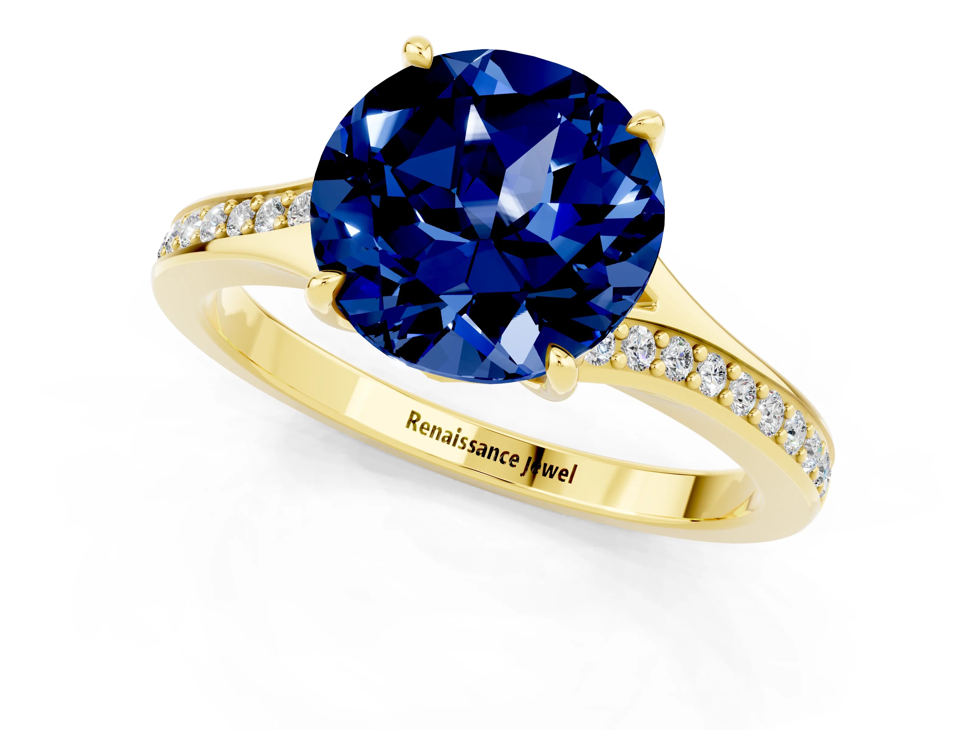 Yellow gold Round Cut Blue Sapphire Solitaire Ring with Pavé Band and Prong Setting_1