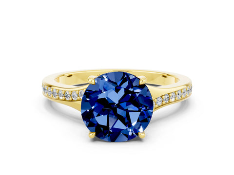 Yellow gold Round Cut Blue Sapphire Solitaire Ring with Pavé Band and Prong Setting_12