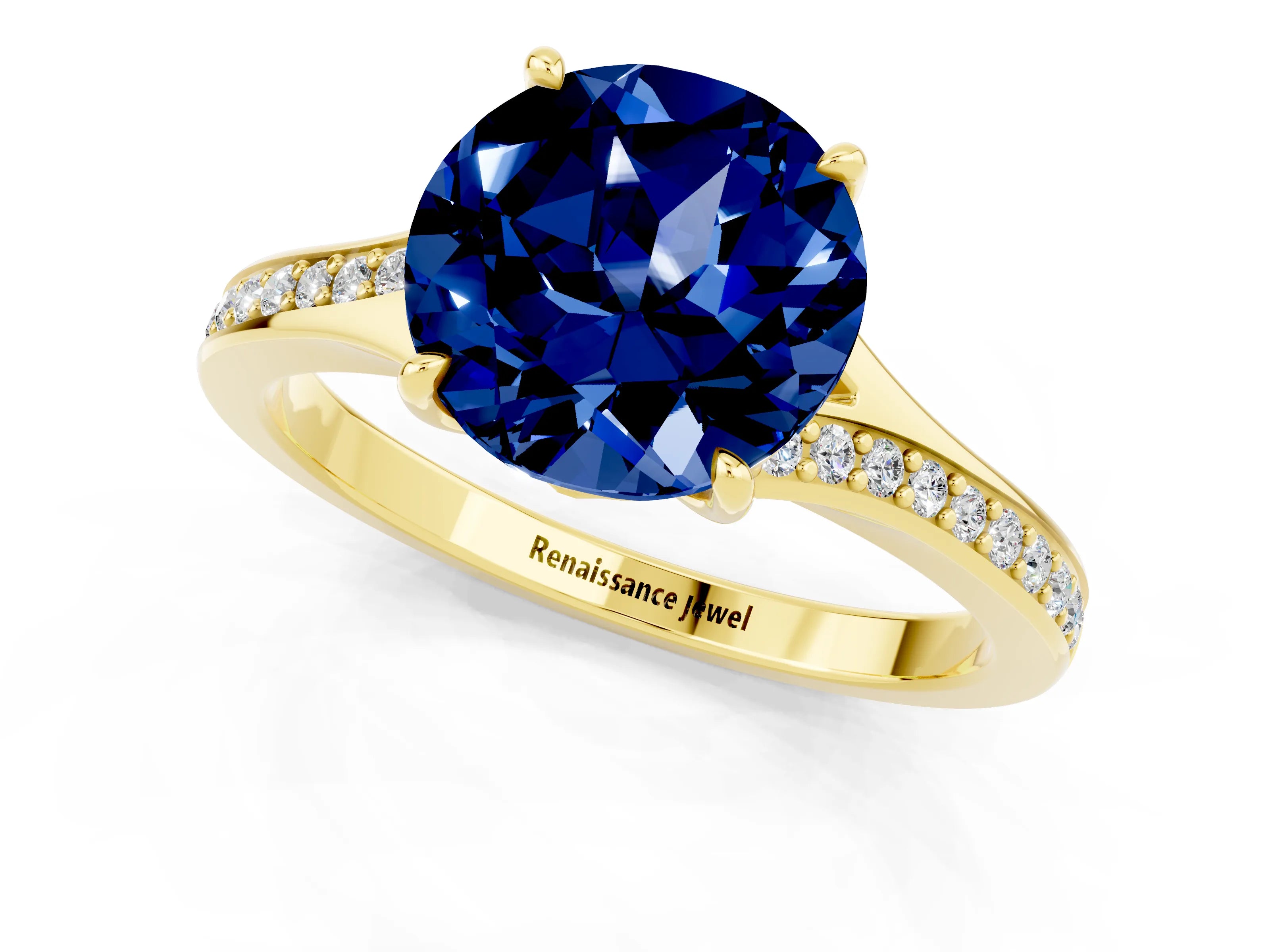 Yellow gold Round Cut Blue Sapphire Solitaire Ring with Pavé Band and Prong Setting_13