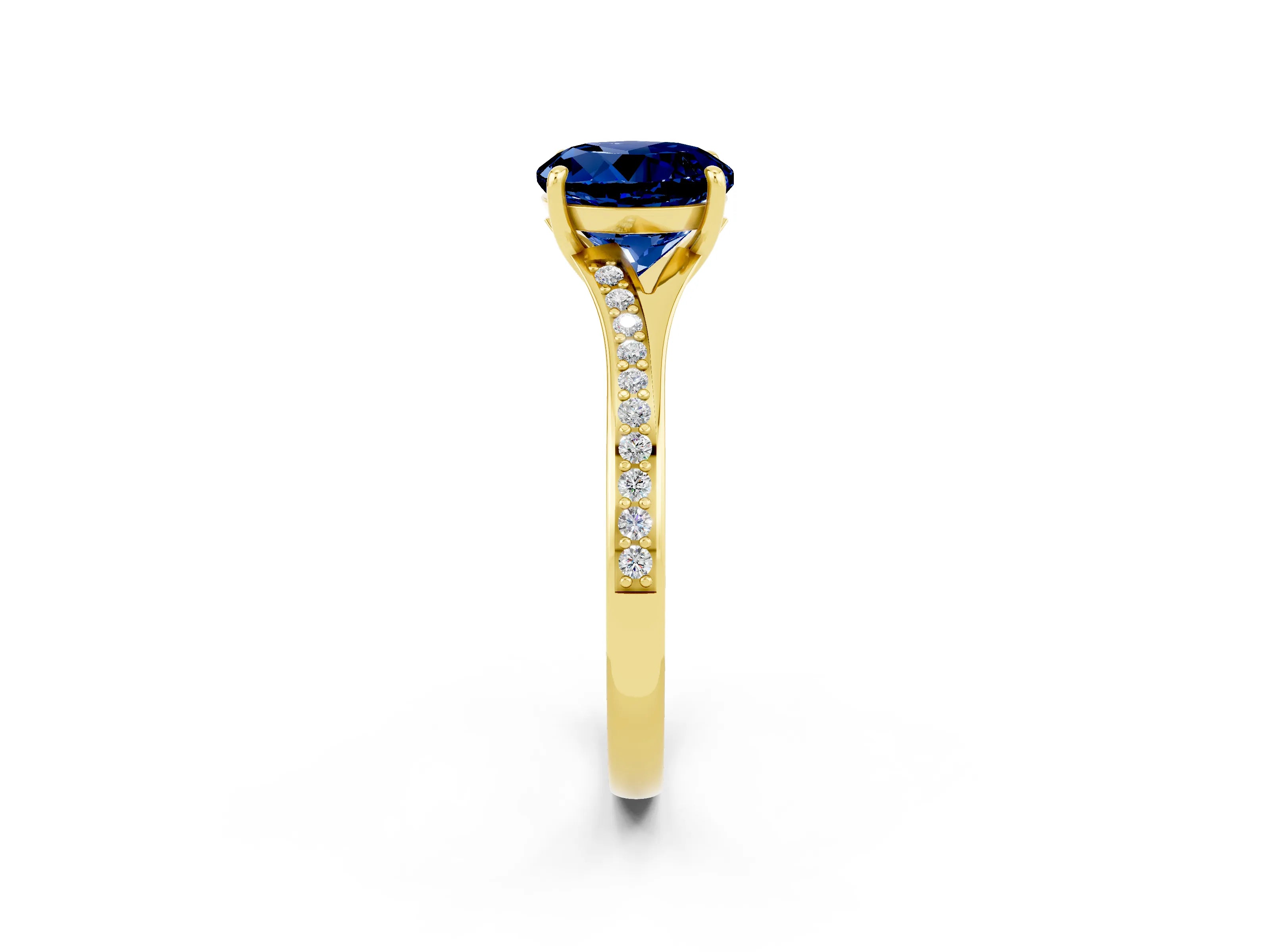 Yellow gold Round Cut Blue Sapphire Solitaire Ring with Pavé Band and Prong Setting_14