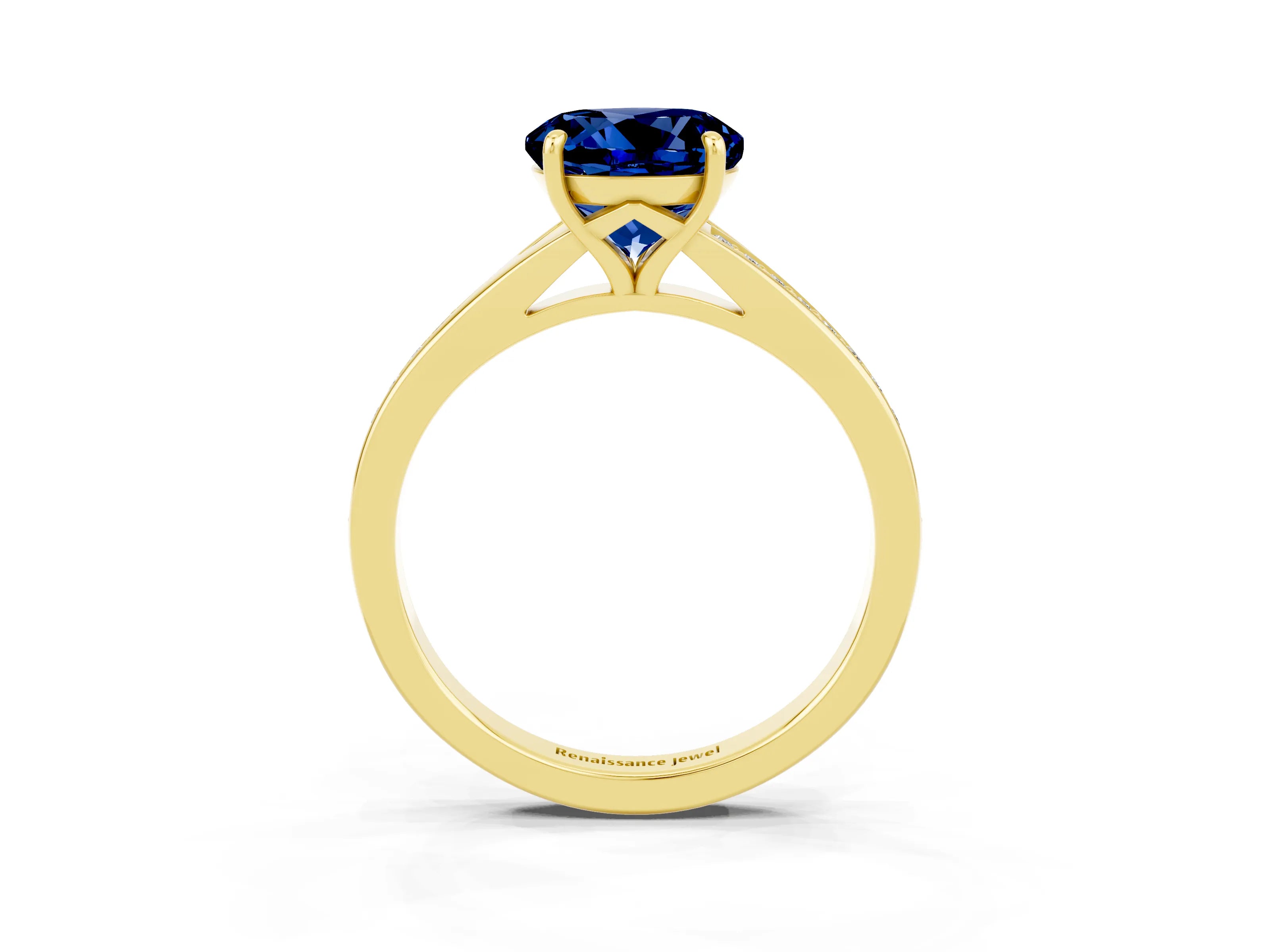 Yellow gold Round Cut Blue Sapphire Solitaire Ring with Pavé Band and Prong Setting_15