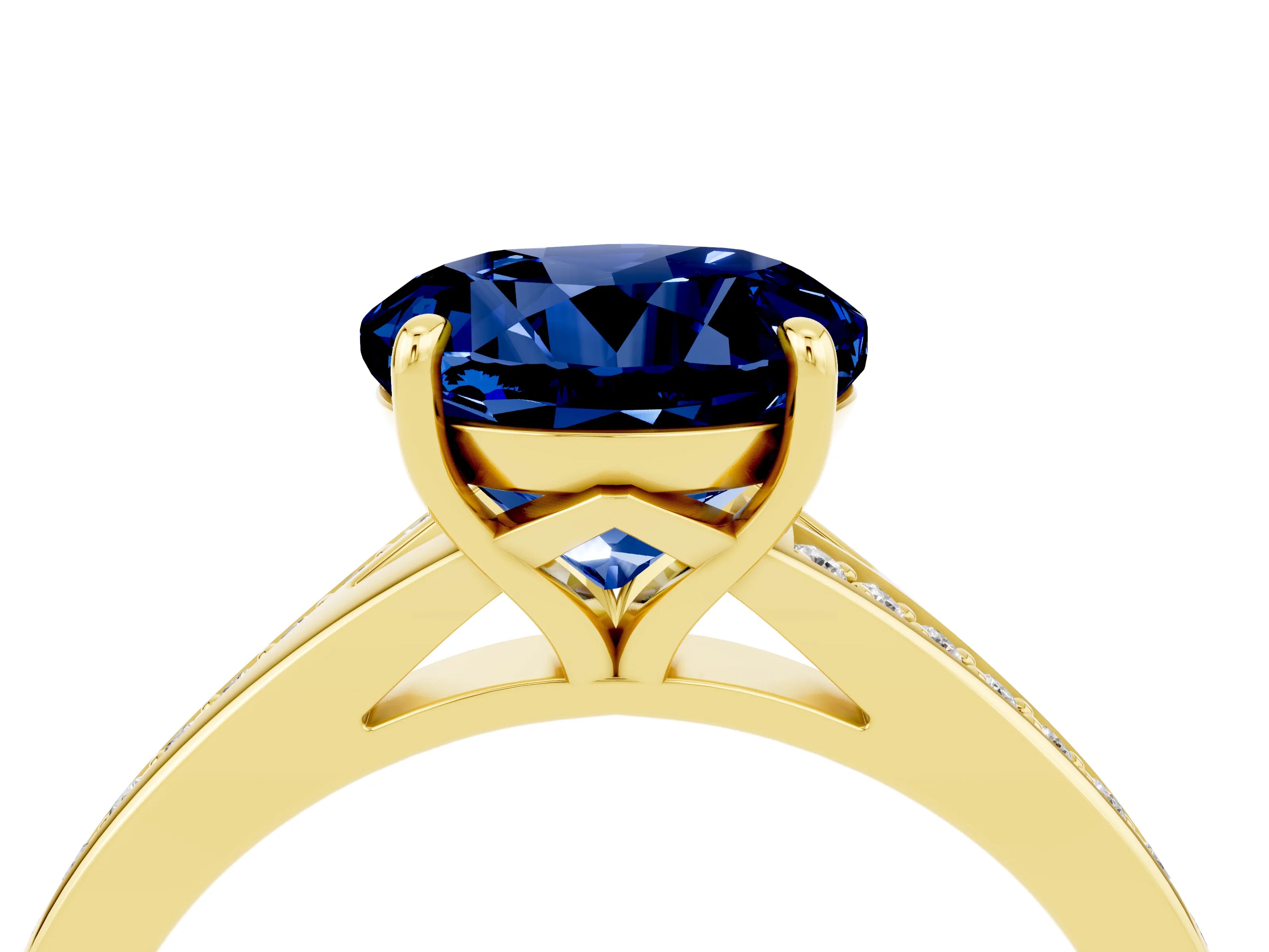Yellow gold Round Cut Blue Sapphire Solitaire Ring with Pavé Band and Prong Setting_16