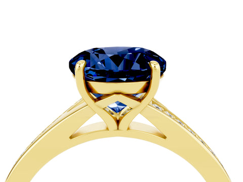 Yellow gold Round Cut Blue Sapphire Solitaire Ring with Pavé Band and Prong Setting_16