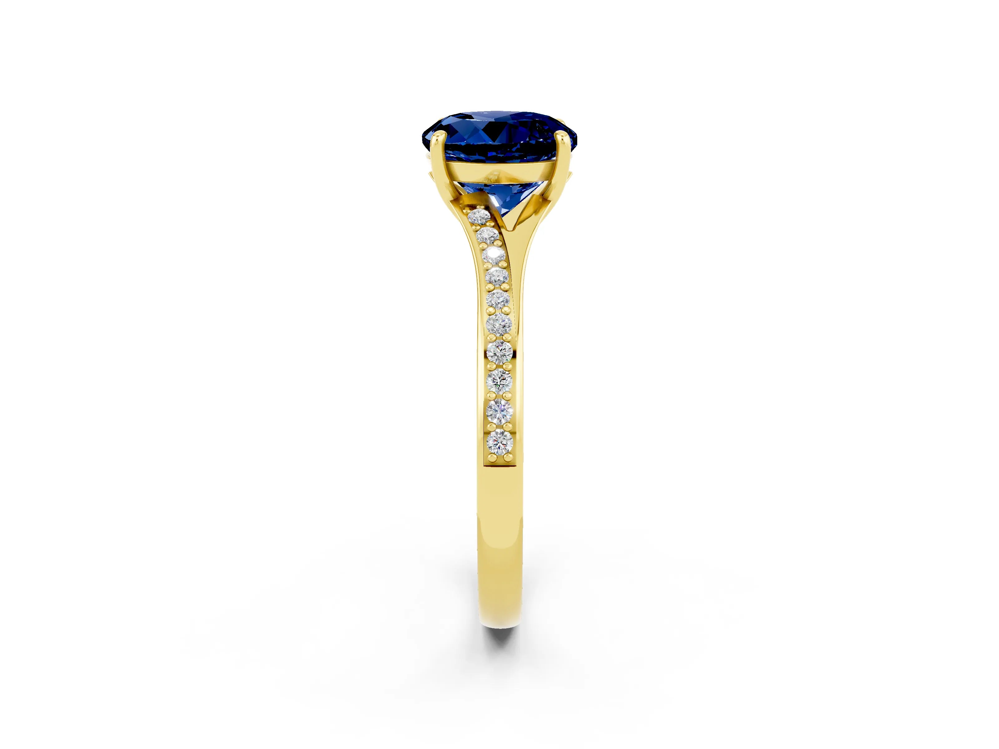 Yellow gold Round Cut Blue Sapphire Solitaire Ring with Pavé Band and Prong Setting_2
