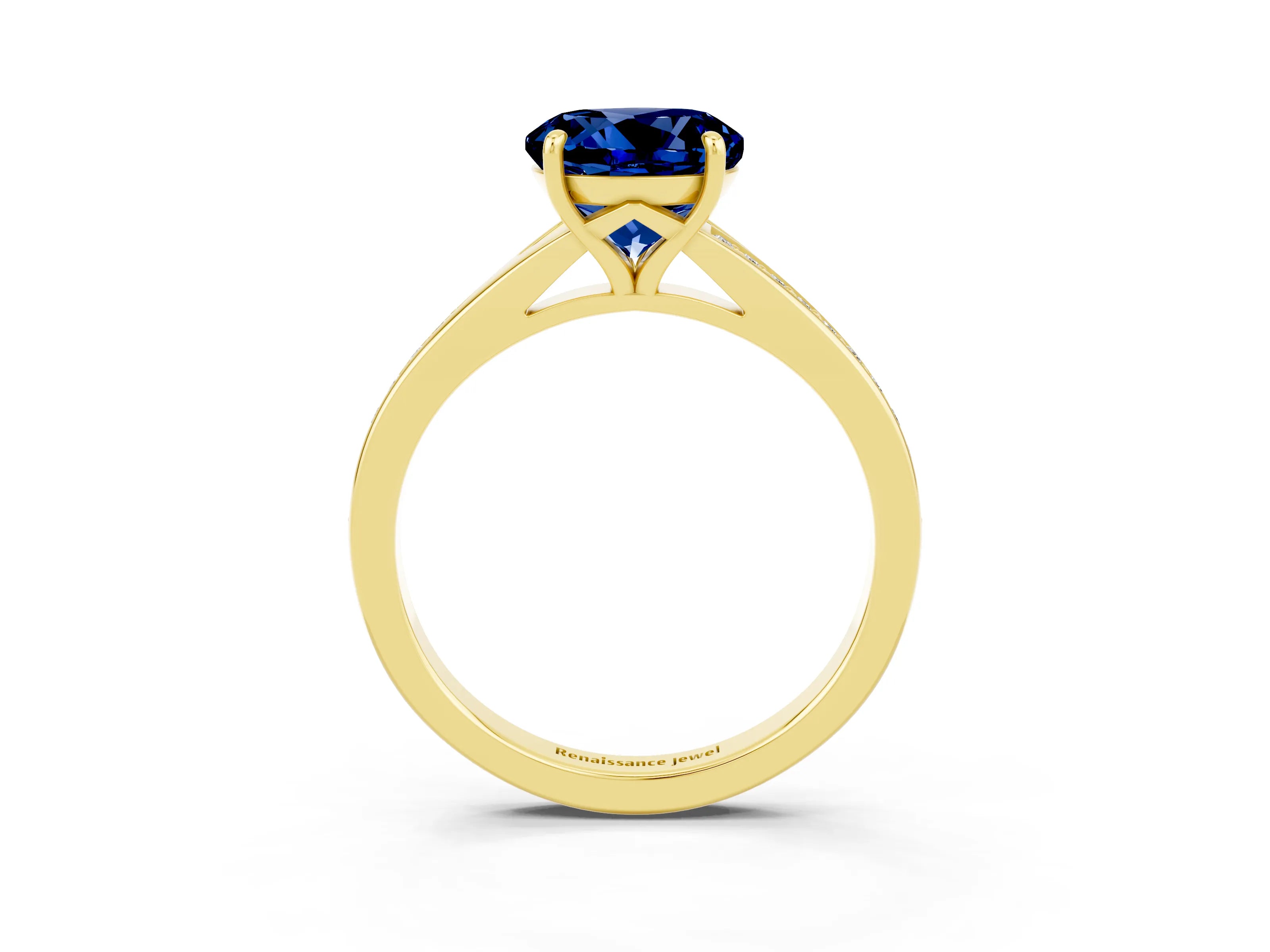 Yellow gold Round Cut Blue Sapphire Solitaire Ring with Pavé Band and Prong Setting_3