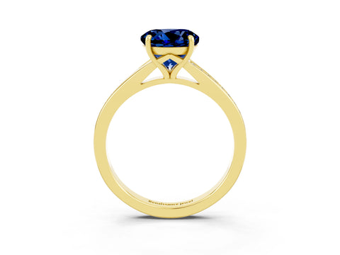 Yellow gold Round Cut Blue Sapphire Solitaire Ring with Pavé Band and Prong Setting_3