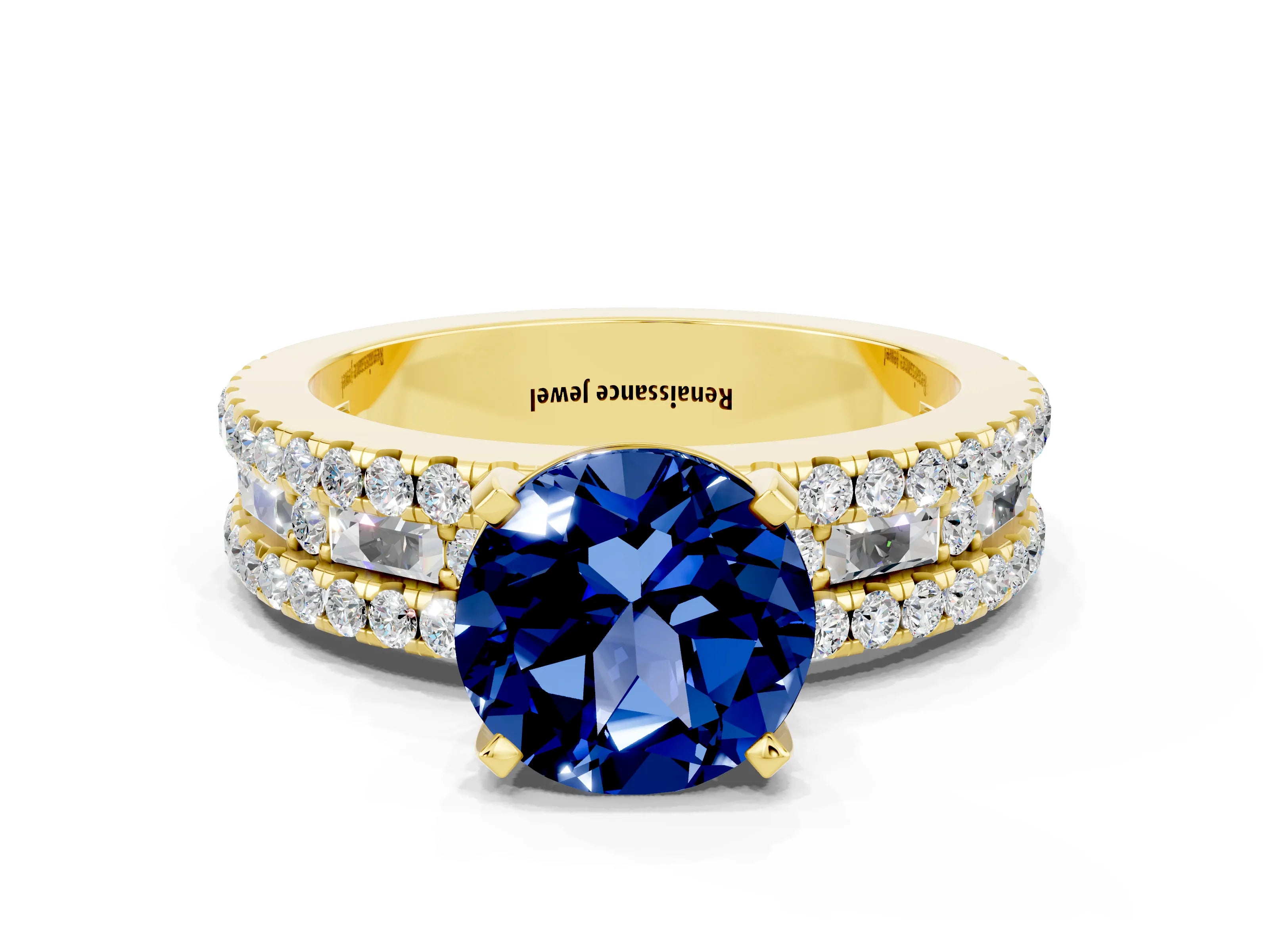 Yellow gold Round Cut Blue Sapphire Solitaire Ring with Pavé and Channel Set Band