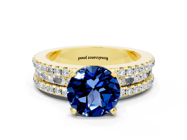 Yellow gold Round Cut Blue Sapphire Solitaire Ring with Pavé and Channel Set Band