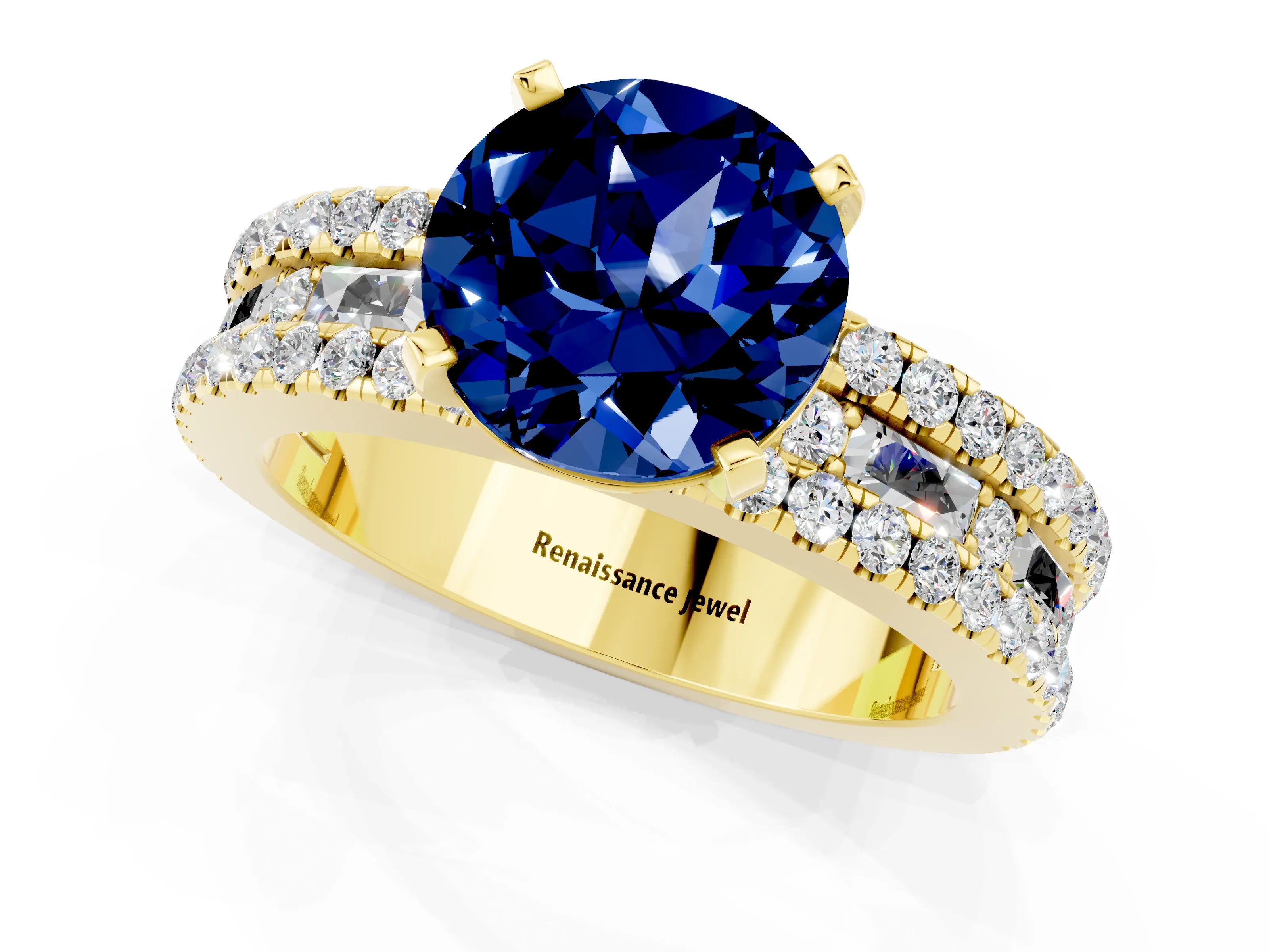 Yellow gold Round Cut Blue Sapphire Solitaire Ring with Pavé and Channel Set Band_1