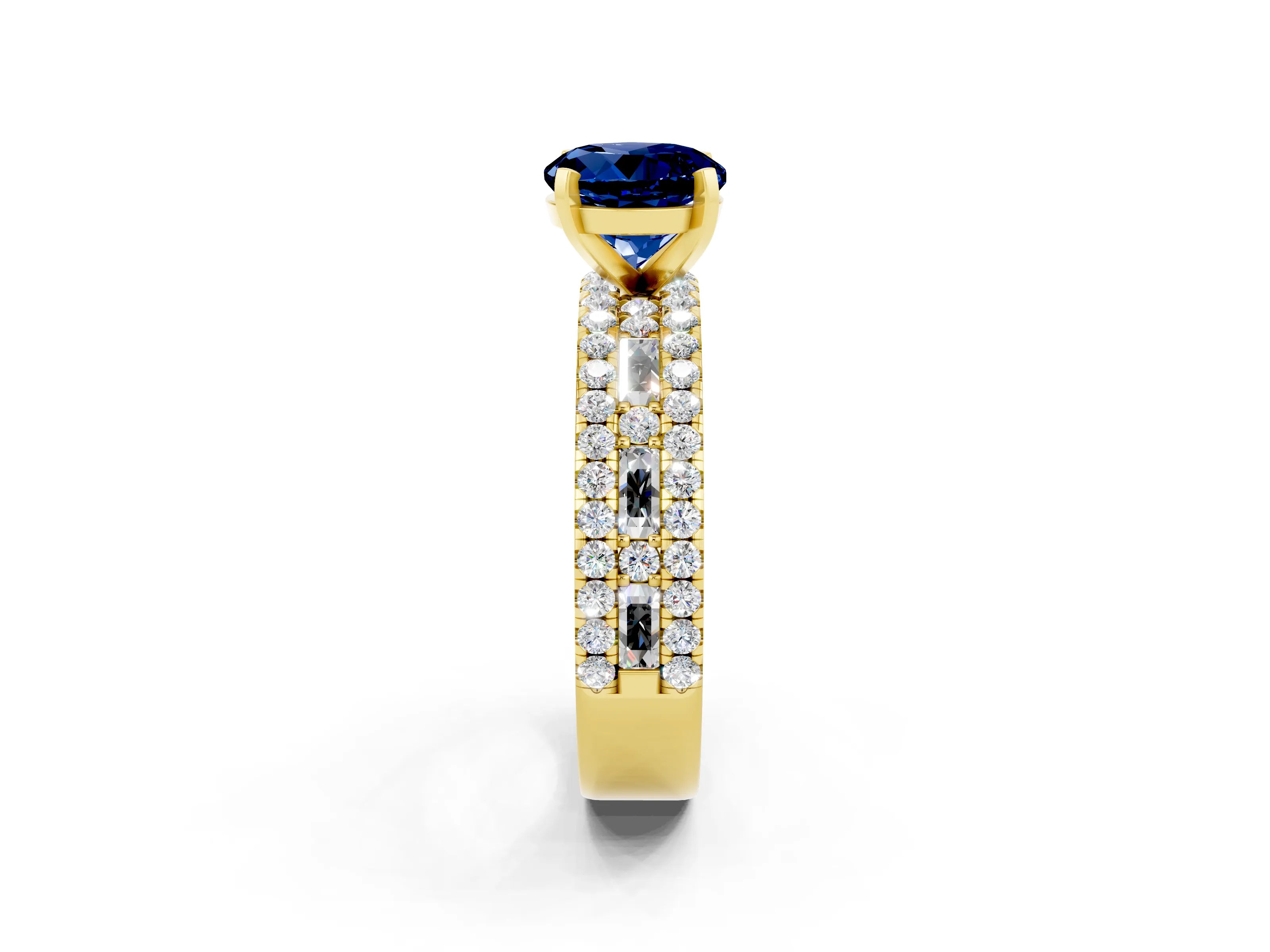 Yellow gold Round Cut Blue Sapphire Solitaire Ring with Pavé and Channel Set Band_2