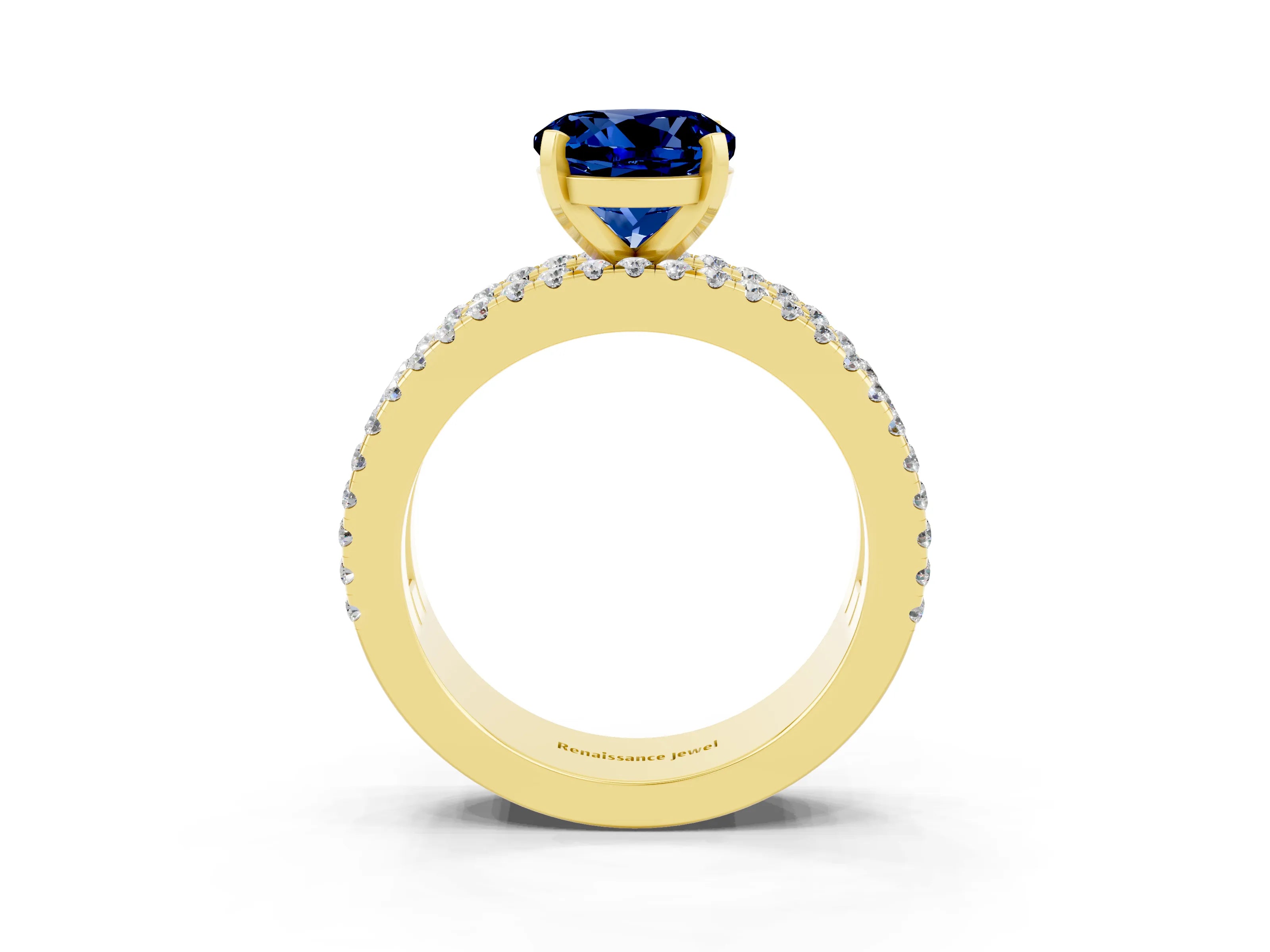 Yellow gold Round Cut Blue Sapphire Solitaire Ring with Pavé and Channel Set Band_3