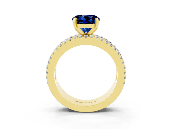Yellow gold Round Cut Blue Sapphire Solitaire Ring with Pavé and Channel Set Band