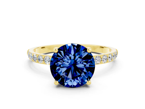 Yellow gold Round Cut Blue Sapphire Solitaire Ring with Round  Pavé Band and Prong Setting