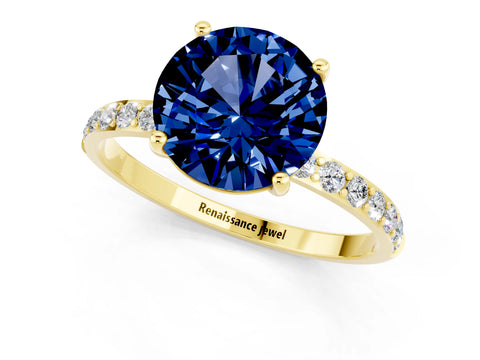 Yellow gold Round Cut Blue Sapphire Solitaire Ring with Pave Band and Four Prong Setting_25
