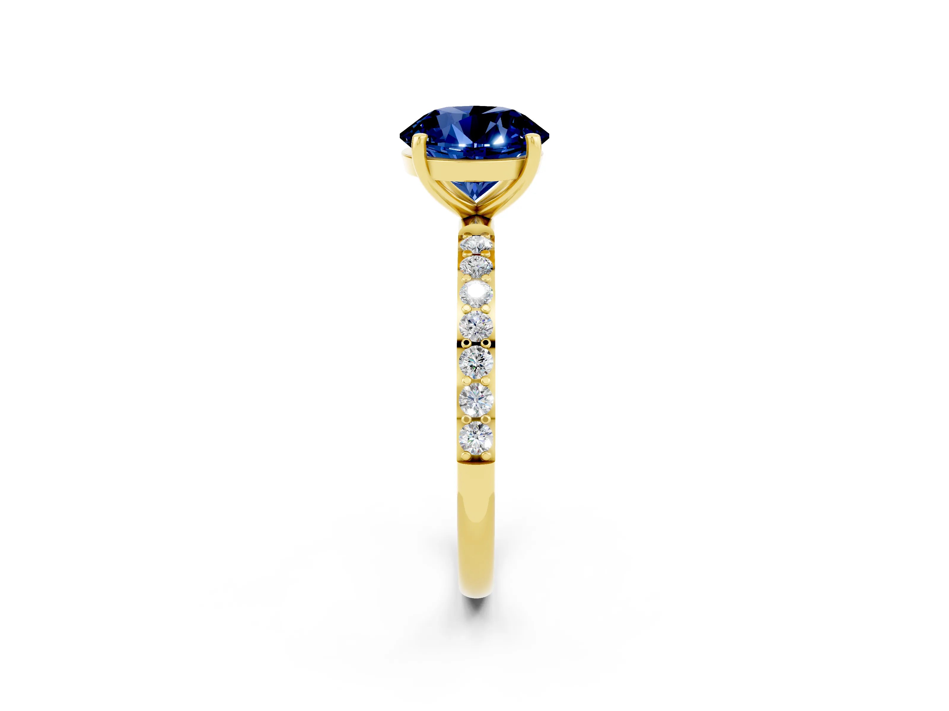 Yellow gold Round Cut Blue Sapphire Solitaire Ring with Pave Band and Four Prong Setting_26