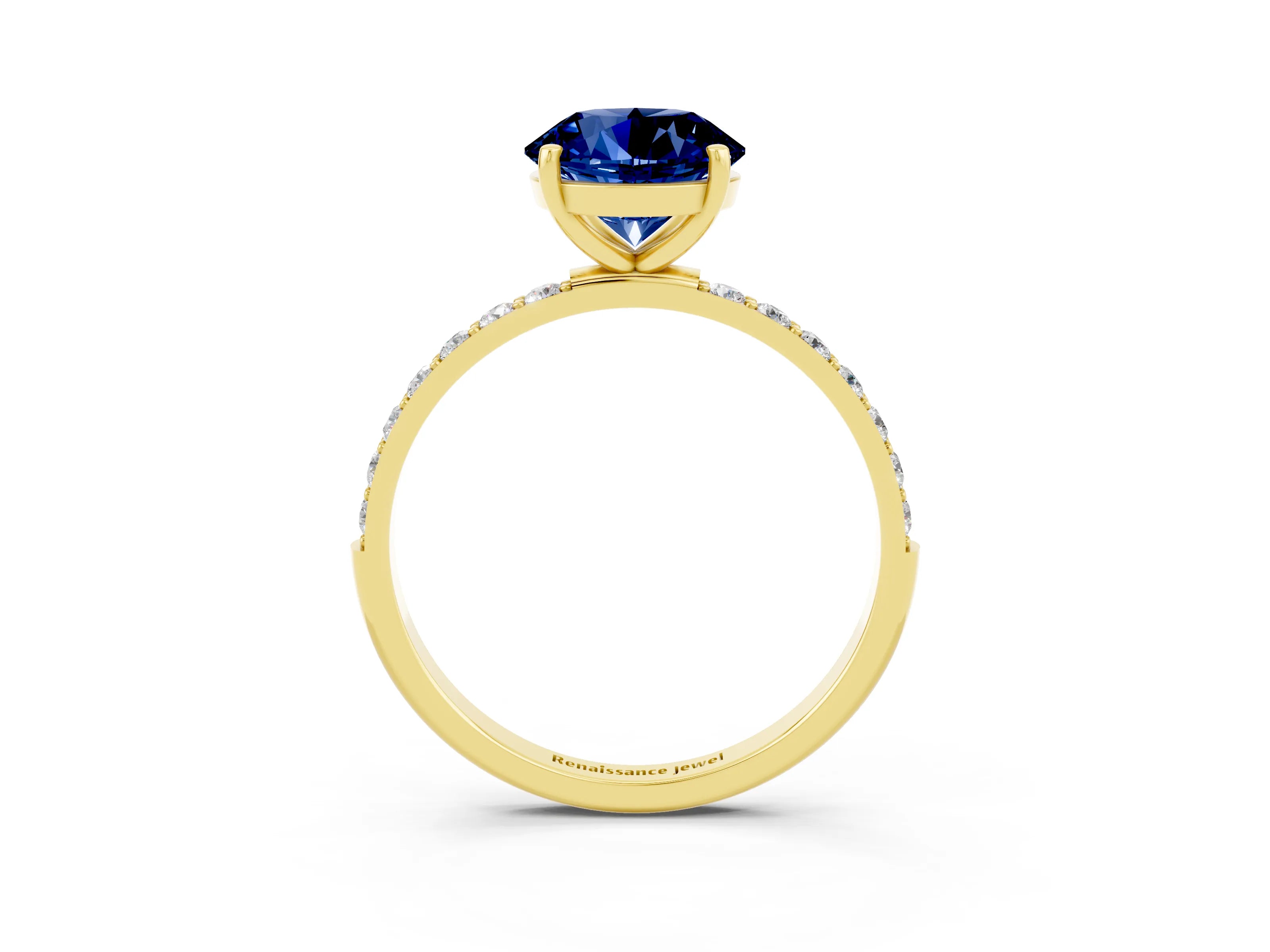 Yellow gold Round Cut Blue Sapphire Solitaire Ring with Pave Band and Four Prong Setting_27
