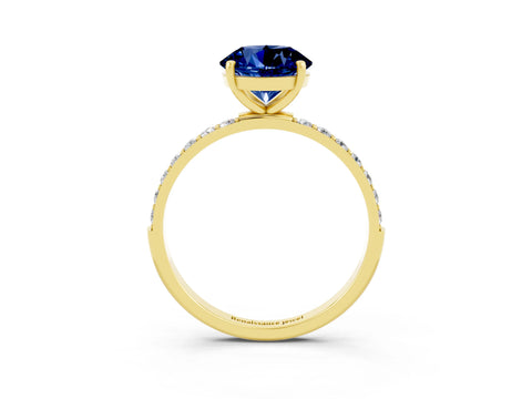 Yellow gold Round Cut Blue Sapphire Solitaire Ring with Pave Band and Four Prong Setting_27