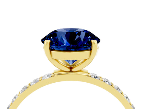 Yellow gold Round Cut Blue Sapphire Solitaire Ring with Pave Band and Four Prong Setting_28