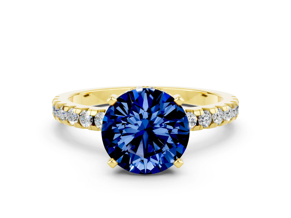Yellow gold Round Cut Blue Sapphire Solitaire Ring with Round  Pavé Band and Four-Prong Setting_36