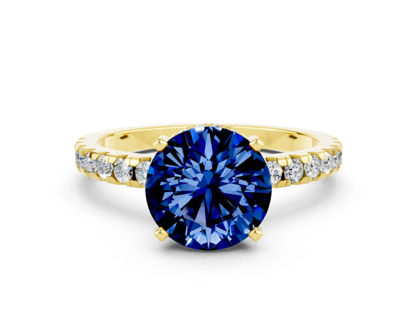 Yellow Gold Round Lab-Grown Blue Sapphire Hidden Halo Engagement Ring with Pave Band