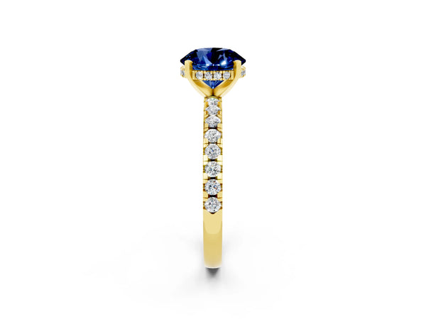 Yellow Gold Round Lab-Grown Blue Sapphire Hidden Halo Engagement Ring with Pave Band