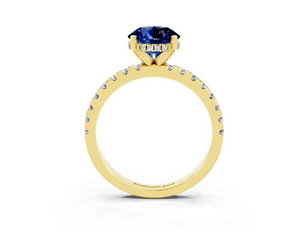 Yellow Gold Round Lab-Grown Blue Sapphire Hidden Halo Engagement Ring with Pave Band