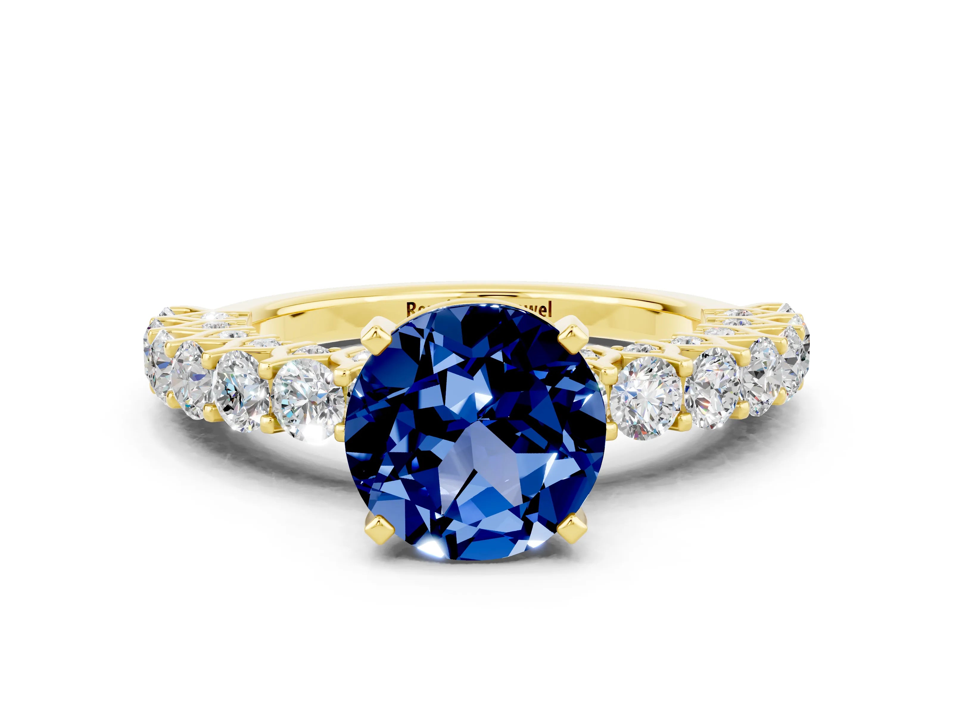 Yellow gold Round Cut Blue Sapphire Solitaire Ring with Shared Prong Pavé Band and Four-Prong Setting