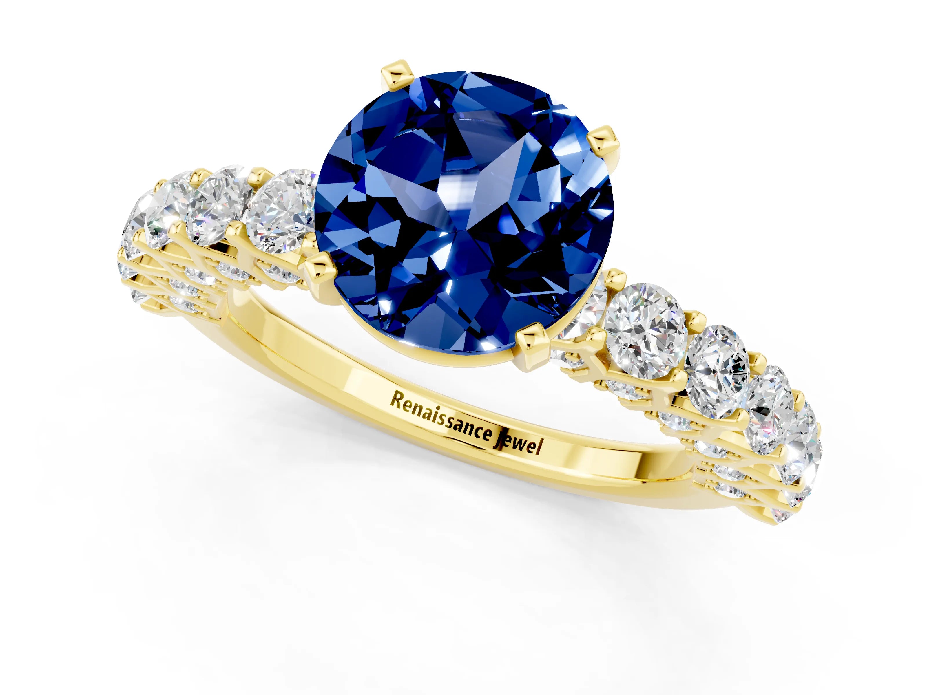 Yellow gold Round Cut Blue Sapphire Solitaire Ring with Shared Prong Pavé Band and Four-Prong Setting_1