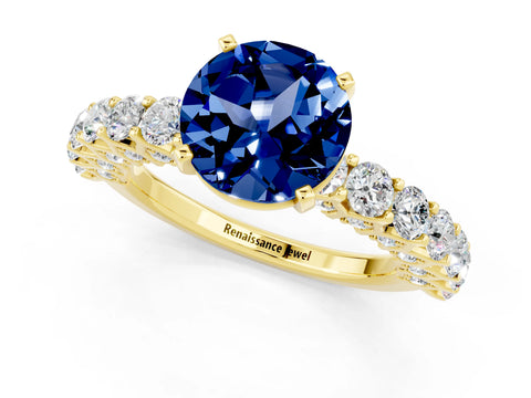 Yellow gold Round Cut Blue Sapphire Solitaire Ring with Shared Prong Pavé Band and Four-Prong Setting_1