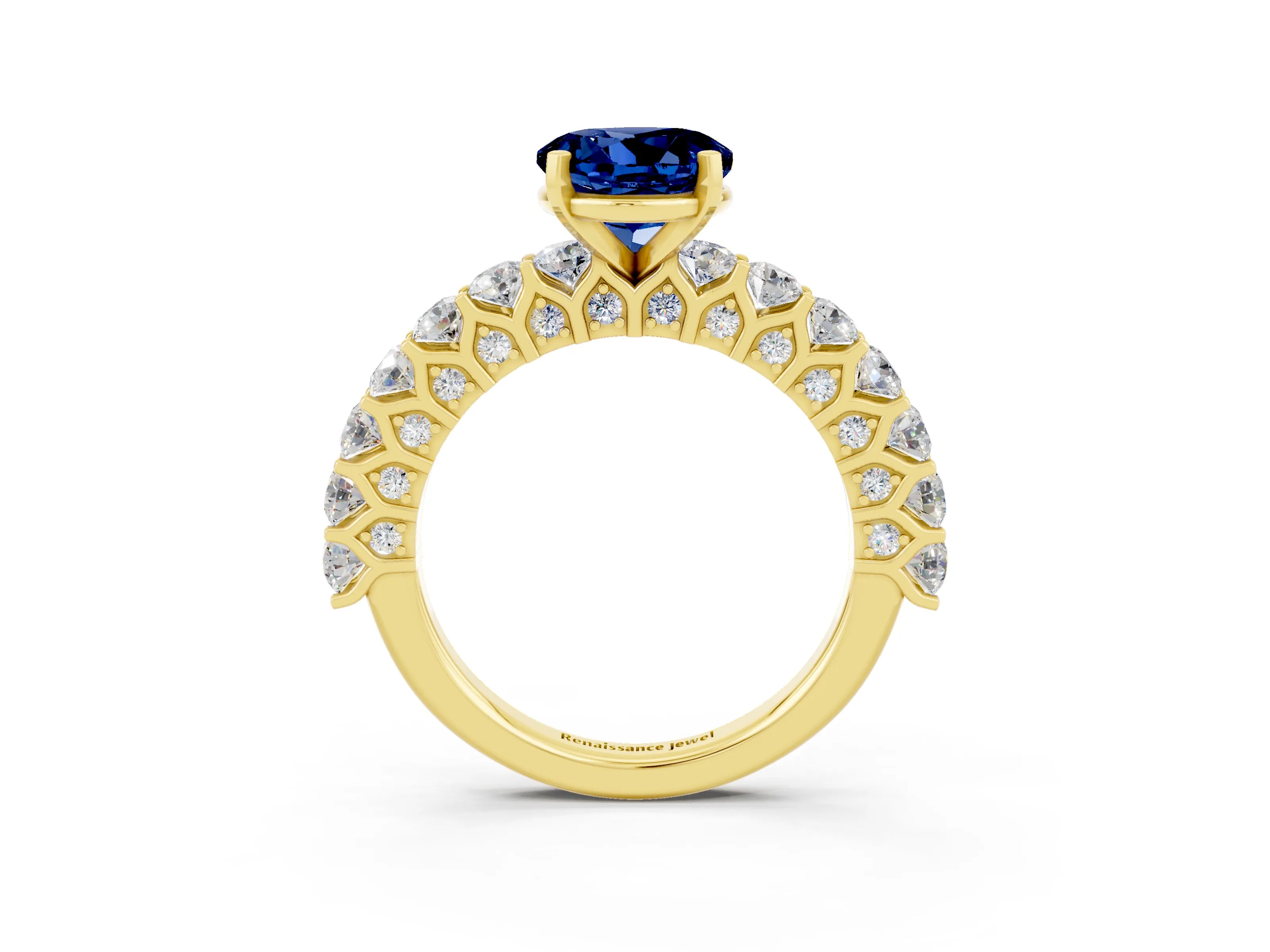 Yellow gold Round Cut Blue Sapphire Solitaire Ring with Shared Prong Pavé Band and Four-Prong Setting_3