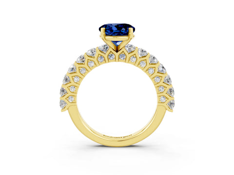 Yellow gold Round Cut Blue Sapphire Solitaire Ring with Shared Prong Pavé Band and Four-Prong Setting_3