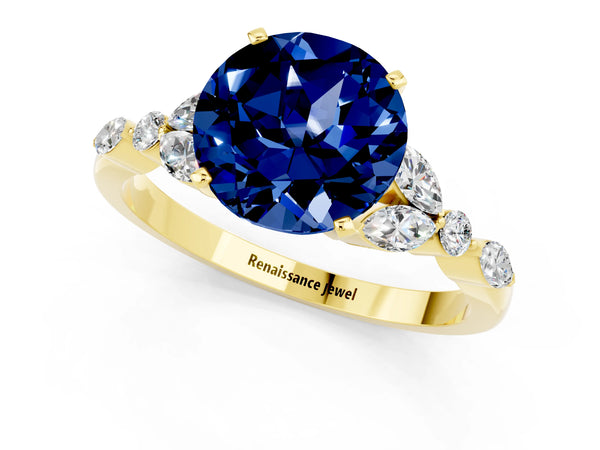 Yellow gold Round Cut Blue Sapphire Solitaire Ring with Side Stones and Four-Prong Setting