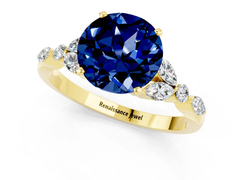 Yellow gold Round Cut Blue Sapphire Solitaire Ring with Side Stones and Four-Prong Setting_13