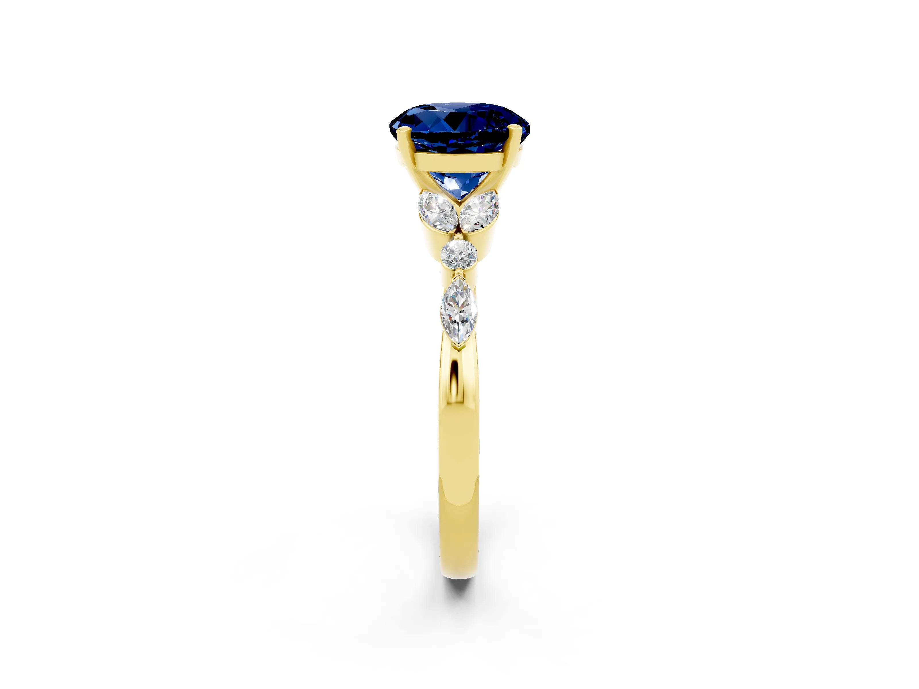 Yellow gold Round Cut Blue Sapphire Solitaire Ring with Side Stones and Four-Prong Setting_14
