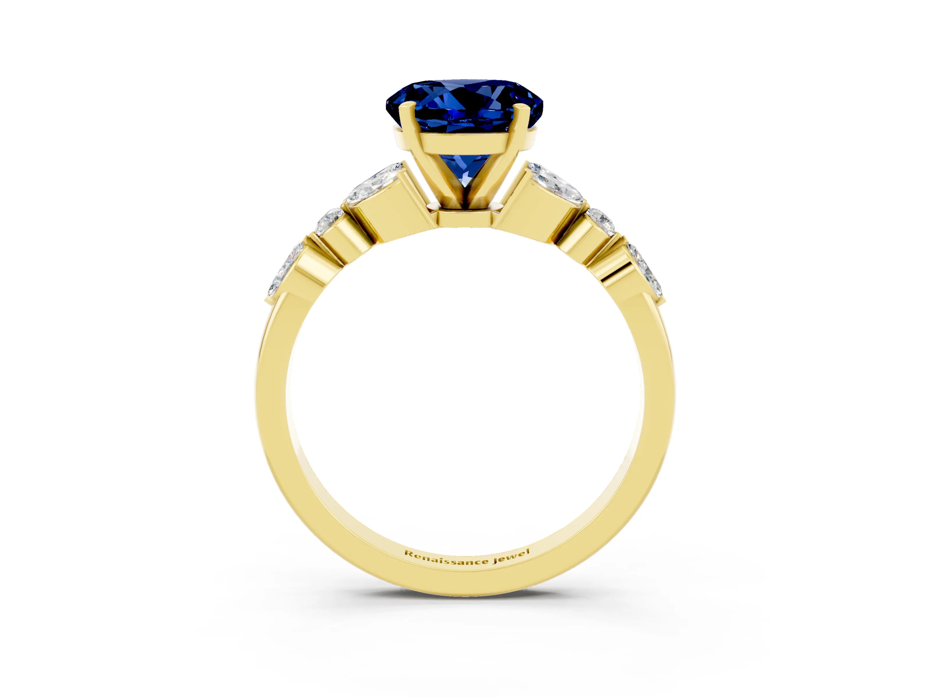 Yellow gold Round Cut Blue Sapphire Solitaire Ring with Side Stones and Four-Prong Setting_15